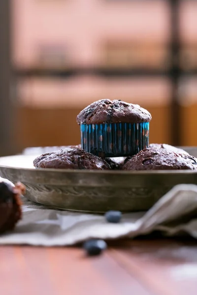 Chocolate muffins - american sweet food — Stock Photo, Image