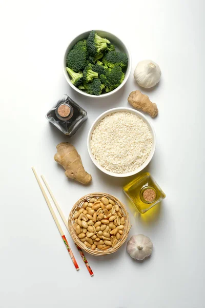 Chinese food raw ingredients, vegetables and nuts on the white background