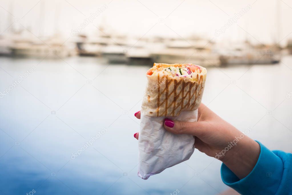 Stylish hipster woman holding a doner kebab in her hand. Sea background