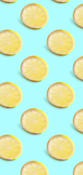 Seamless Pattern Lemon Slices Blue Background Minimal Isometric Food Texture — Stock Photo, Image