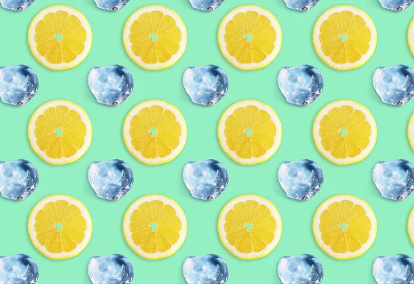 Seamless Pattern Lemons Ice Cubes Green Background Minimal Isometric Food — Stock Photo, Image
