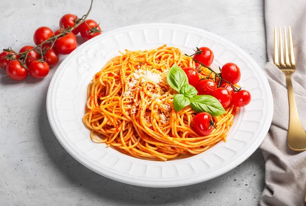 Pasta Tomato Sauce Cherry Tomatoes Basil White Background Italian Spaghetti — Stock Photo, Image