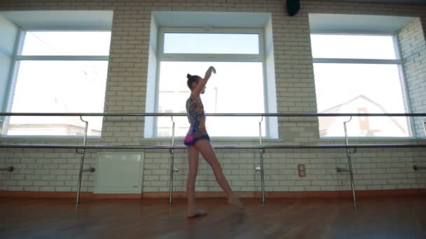 Jovem dançarina de balé graciosa no treinamento de roupas exercitando-se na aula de balé — Vídeo de Stock