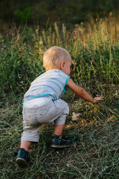 Een jongen loopt langs een open plek in het gras — Stockfoto