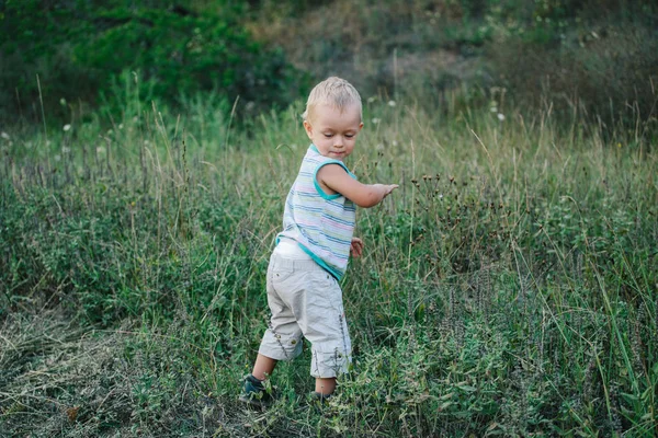 Een jongen loopt langs een open plek in het gras — Stockfoto