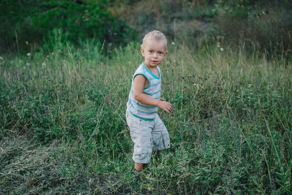 A boy is walking along a clearing in the grass — Stock Photo, Image