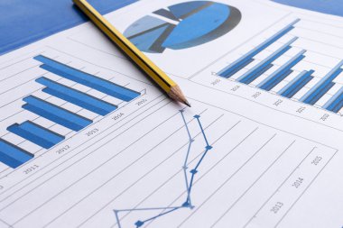 Dosyaları, histogramları ve finansal belgeleri olan ofis masası.