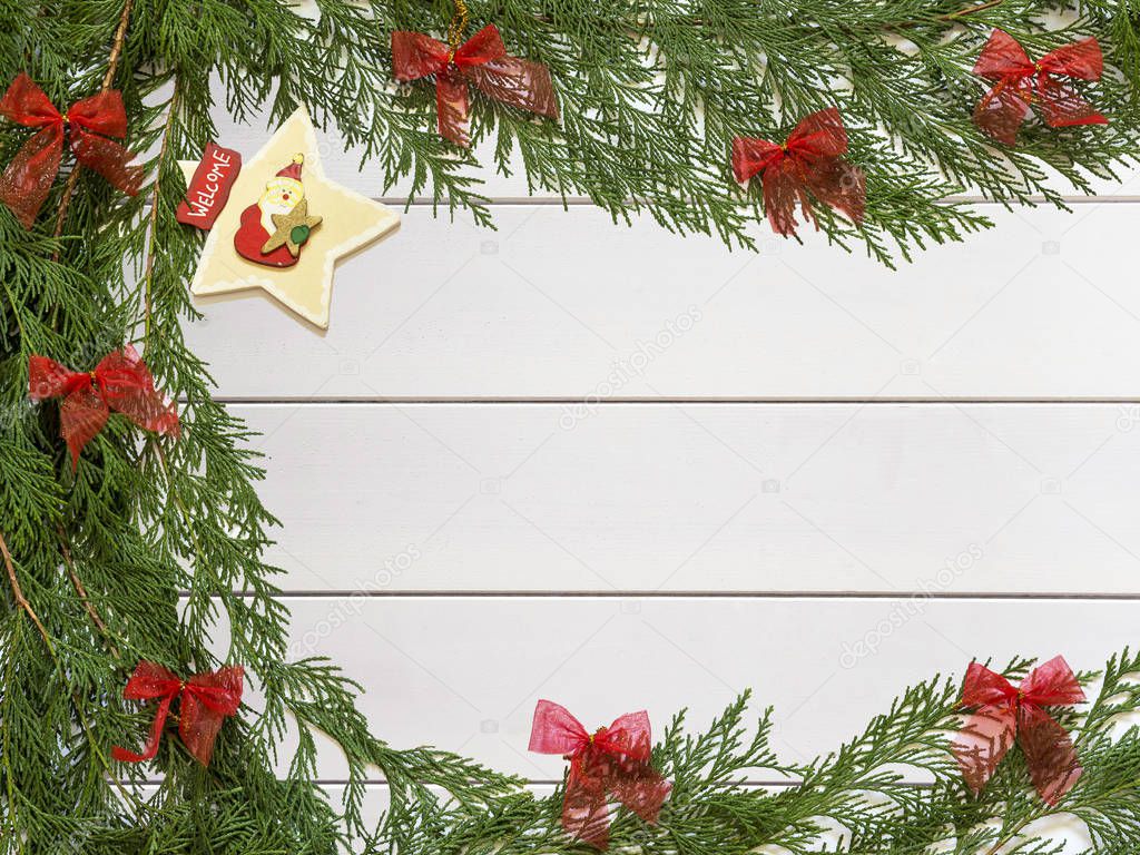 Christmas decorations on wooden white background