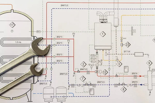 Maintenance and service: Wrench and project drawings with plumbing system