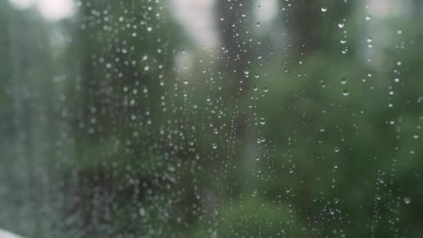 Капли дождя на окне крупным планом, за окном идет дождь — стоковое видео