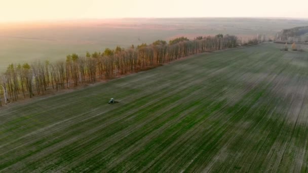 Vista aérea de um trator agrícola cultiva um campo com um pulverizador . — Vídeo de Stock