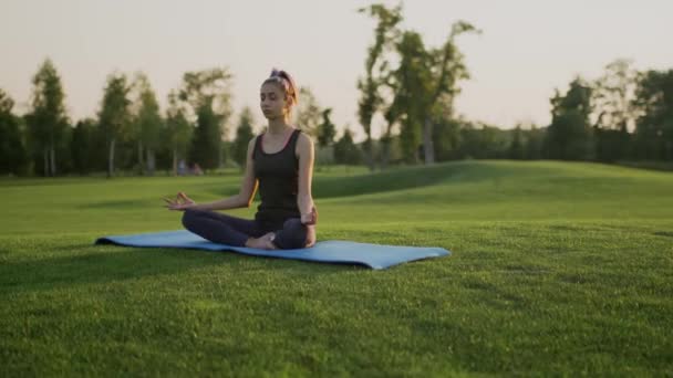 Genç kız lotus pozisyonunda yeşil çimlere oturur, gün batımında yoga dersi.. — Stok video