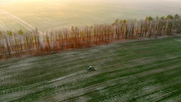 Vista aérea, tractor agrícola arada un campo al atardecer . — Vídeo de stock