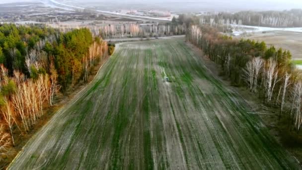 Luchtfoto van een landbouwtrekker kweekt een veld met een sproeier — Stockvideo