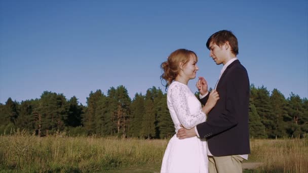 Hermosa pareja joven beso en el campo al atardecer — Vídeos de Stock