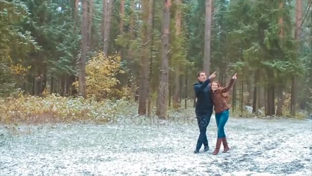 Los amantes de caminar en el bosque de otoño en la nieve entre los pinos — Vídeos de Stock