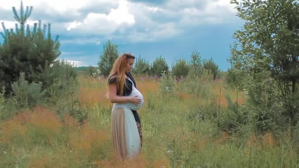 Schwangere steht auf Feld und schaut sich um — Stockvideo