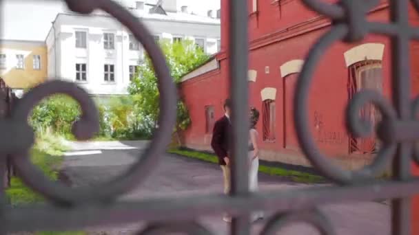 Newlywed pár átölel, kovácsolt kerítés mögött — Stock videók