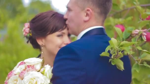 Влюбленная пара обнимается в Летнем саду — стоковое видео