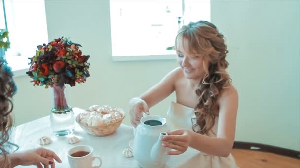 Two Friends Arranged Tea Party Slow Motion — Stock Video