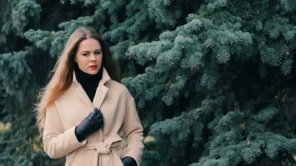 Молодая женщина в зимнем парке с сосновым замедленным движением — стоковое видео