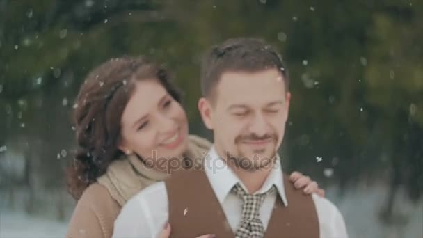 爱的情侣在冬天的圣诞公园散步。降雪 — 图库视频影像