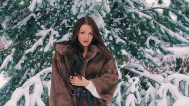 Brunette vrouw schudden sneeuw van winter pijnboom takken Slowmotion — Stockvideo