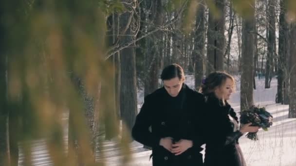 Glückliche junge Liebende in Schwarz stehen unter hohen Bäumen in Zeitlupe — Stockvideo
