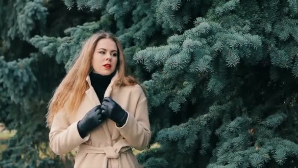 Vrouw op zoek zoals Nicole Kidman in winter park met pijnbomen slow motion — Stockvideo