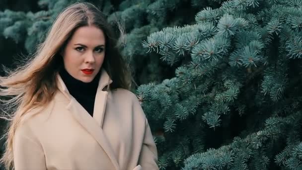 Женщина, похожая на Николь Кидман в зимнем парке с замедленным движением сосны — стоковое видео
