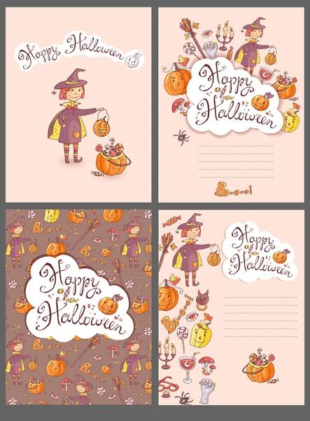 Tarjetas de felicitación de Halloween conjunto con la bruja — Vector de stock