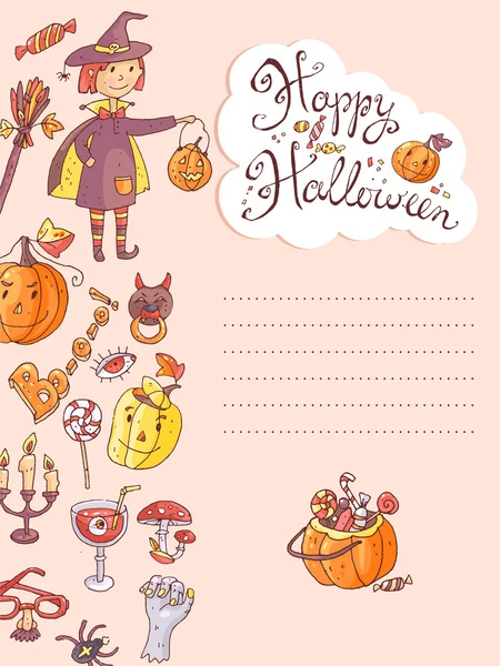 Tarjeta de felicitación de Halloween con la bruja — Vector de stock