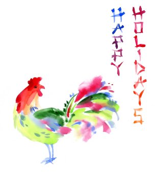 Horoz ile suluboya tebrik kartı