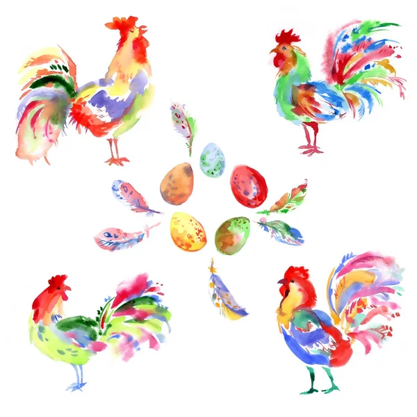 Watercolor bright festive roosters. — Stock Photo, Image