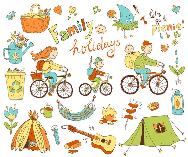 Conjunto de lindo doodle familia y vacaciones — Archivo Imágenes Vectoriales