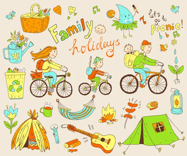 Ensemble de mignon doodle famille et vacances — Image vectorielle