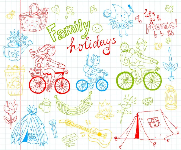 Ensemble de mignon doodle famille et vacances — Image vectorielle