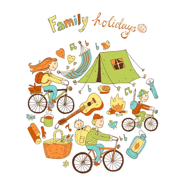 Familia amigable y equipo de camping — Archivo Imágenes Vectoriales