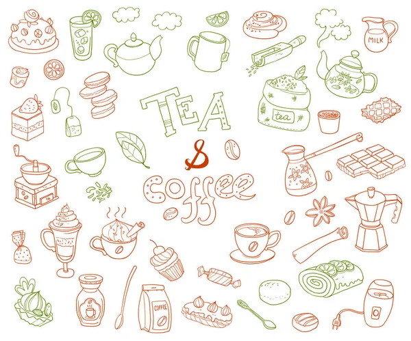 Raccolta di tè e caffè doodle — Vettoriale Stock