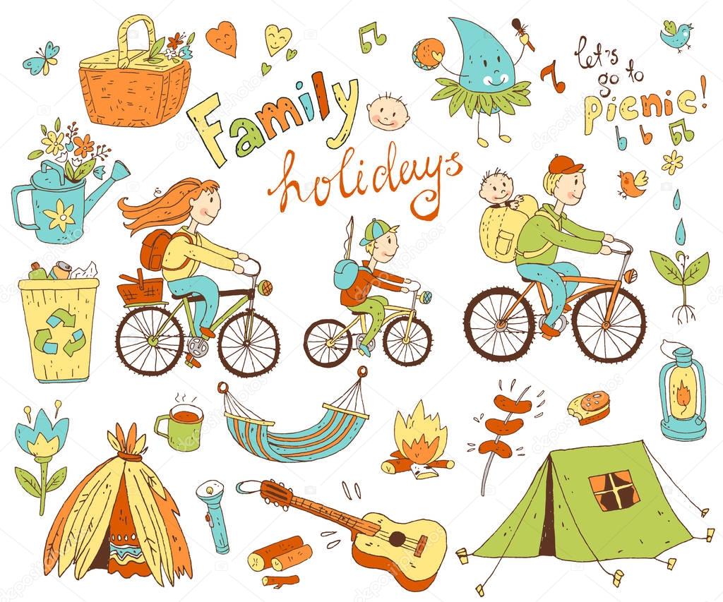 set of cute doodle family and holidays 