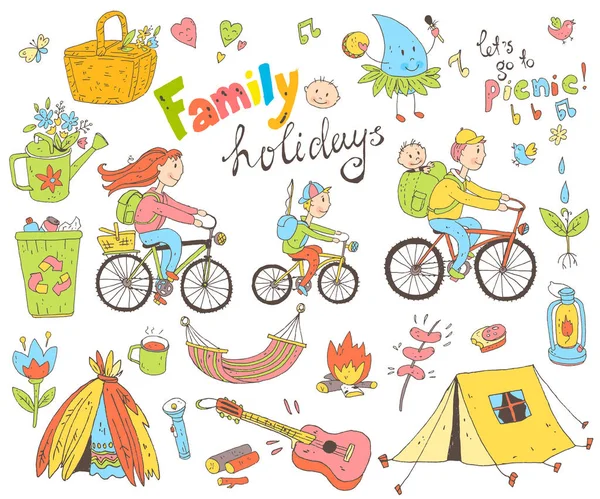 Conjunto de linda familia doodle en vacaciones — Vector de stock