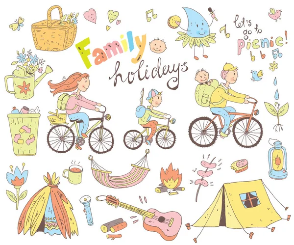 Σετ χαριτωμένο doodle οικογένεια στις διακοπές — Διανυσματικό Αρχείο