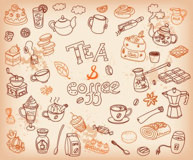 collection of tae and coffee doodles clipart
