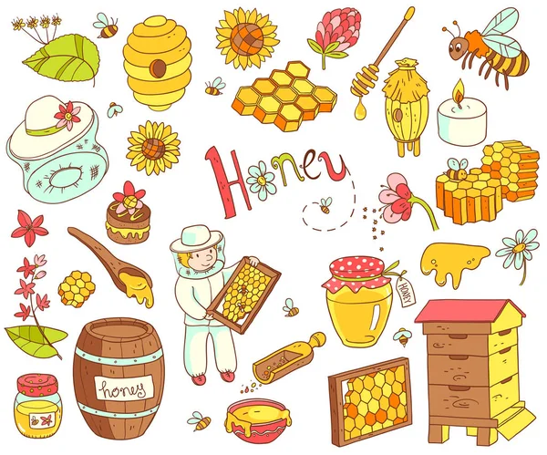 Honey elements doodle set — Stock Vector