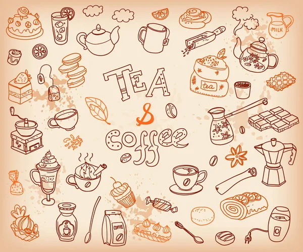 Colección de tae y garabatos de café — Vector de stock