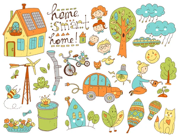 Ökológia és a család Doodles gyűjteménye — Stock Vector