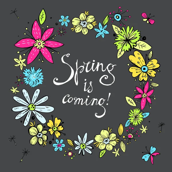 Våren krans med doodle blommor — Stock vektor