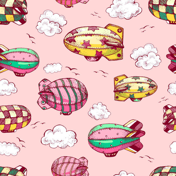 seamless pattern with cute little airships