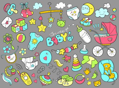 Yeni doğan temalı doodle seti