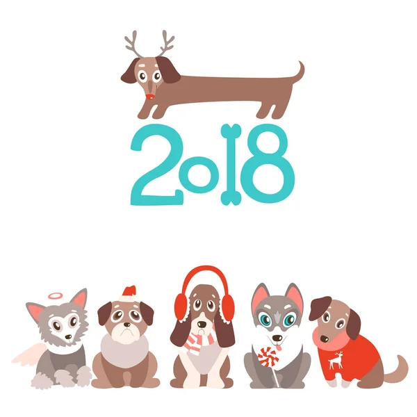 2018 sfondo con simpatici cuccioli dei cartoni animati — Vettoriale Stock